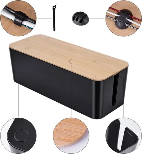 Vista 5 de Paquete de 2 cajas grandes para organizar cables, caja organizadora de cables de estilo madera y cubierta para cables de TV, computadora, enrutador