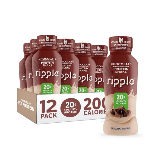 Batido de proteína vegana Ripple, chocolate, 20g de proteína vegetal de guisante, estable, sin OGM, soja, frutos secos, gluten, lactosa, 12 onzas,