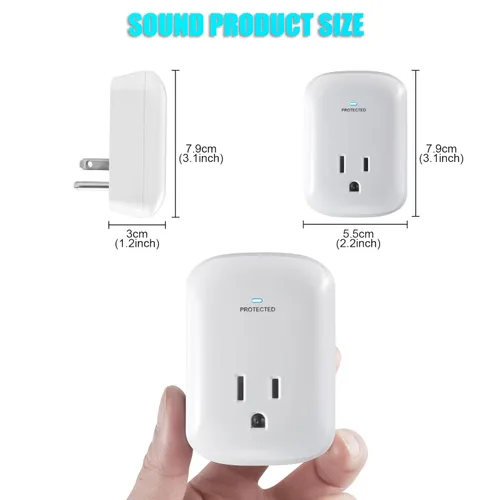 Vista 5 de Enchufe protector de sobretensión, adaptador de enchufe de pared con luz indicadora, 1 tomacorriente, 2200 julios/15A/1875W, blanco, paquete de 2