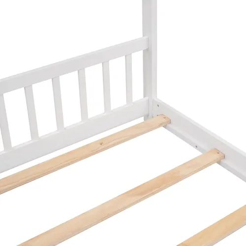 Vista 6 de Camas de madera Montessori tamaño matrimonial, cama de plataforma para niños con cabecero y estribo, no necesita somier (blanco)