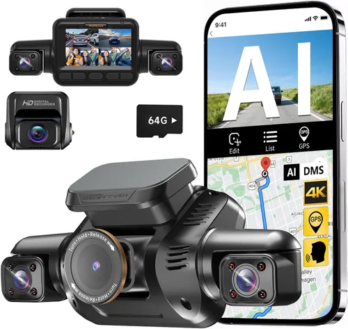 HUPEJOS Cámara de salpicadero AI frontal y trasera interior con sistema de monitor de controlador, cámara de automóvil de 360° 4K, cámara de 4