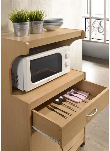 Vista 5 de Pemberly Row Carrito de cocina de madera para microondas, acabado de haya, 45 pulgadas de alto x 24 pulgadas de ancho x 15.75 pulgadas