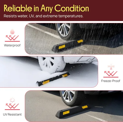Vista 4 de Pyle Paquete de 2 topes de goma resistentes para estacionamiento de garaje, bloques de neumáticos duraderos y de alta visibilidad para automóviles