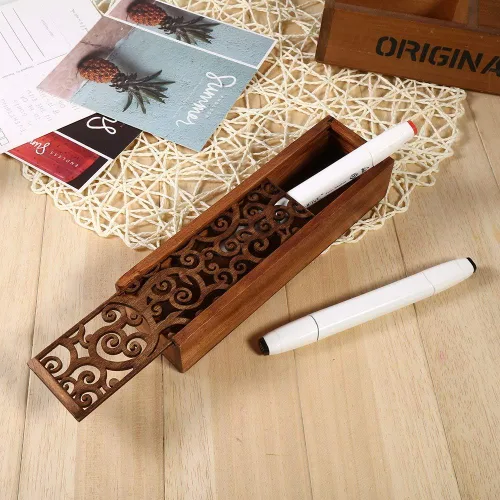 Vista 6 de Joyzan Caja de madera para bolígrafos, estuche de almacenamiento de lápices de madera, organizador retro, funda extraíble, soporte rectangular