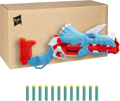 Vista 2 de Pistola de dardos Nerf DinoSquad Tricera-Blast, 12 dardos oficiales Nerf, rellenos para calcetines navideños, juguetes de dinosaurios para niños al