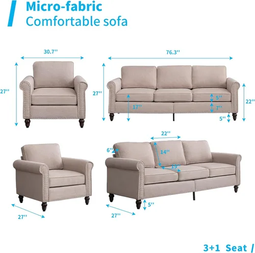 Vista 2 de Mjkone Juego de 2 Piezas para Sala de Estar, Sofás Seccionales, Juego de Sofá y Silla, Sofá Moderno de Lino con Marco de Madera y Patas