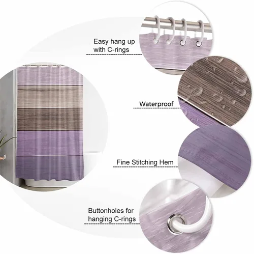 Vista 7 de Juego de cortinas de ducha impermeables con tablero de madera de granero morado, rayas marrones, estándar de 66 x 72 pulgadas, cortina de baño