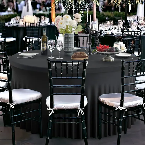 Vista 6 de Manteles redondos de elastano negro sin arrugas, 120 pulgadas para mesas de 60 pulgadas, manteles elásticos para mesas redondas de 5 pies, bodas