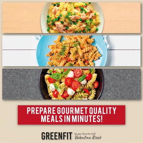 Vista 4 de PASTA PREMIUM LISTA PARA COMER Ingredientes simples y limpios Apto para microondas Forma Fusilli Greenfit by Chef Valentino Rizzo Sin glifosato