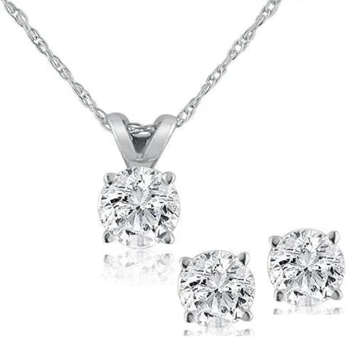 P3 POMPEII3 Juego de collar solitario y aretes de diamantes de 12 ctw en oro blanco de 14 quilates, Oro blanco de 14 k, Diamante blanco