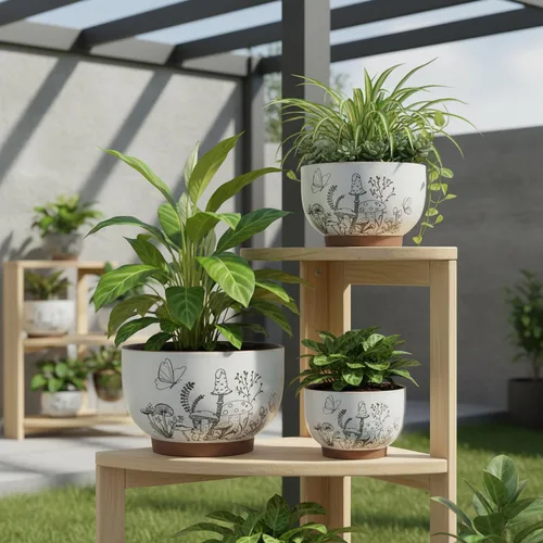 Vista 5 de Succulent Pots Terracotta, 6 Inch Plant Pot for Plants with Drainage Hole, Ceramic Planter Mushroom Pattern, Round Flower Pots for Indoor Outdoor