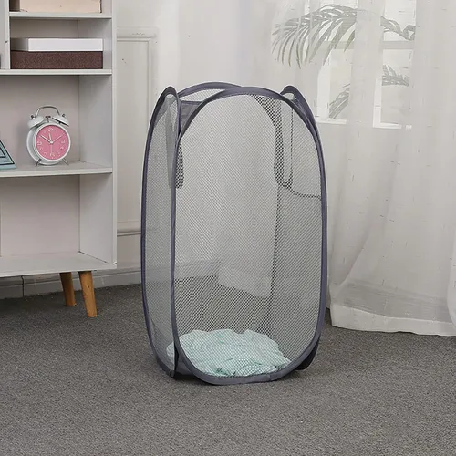 Vista 2 de Cestas de malla plegables para la ropa sucia, paquete de 2 cestas grandes plegables para la ropa sucia con bolsillo lateral y asas duraderas, cesta