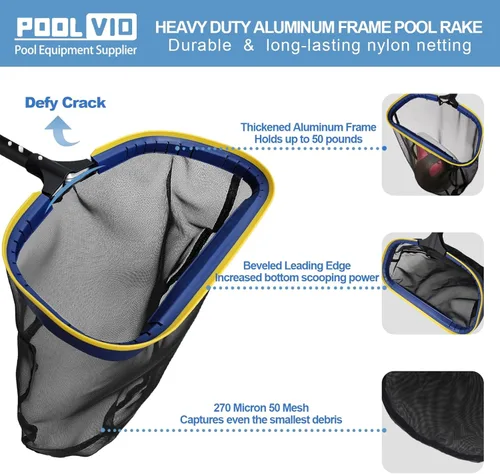 Vista 4 de Poolvio Kit de limpieza de piscina 5 en 1: incluye red de desnatador semiprofunda, rastrillo de hojas de aluminio, cepillo de piscina de 20 pies