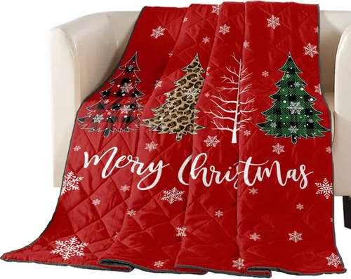 Vista 2 de T&H XHome Quilt Twin Size Luxury Quilted Comforter Bedspread-Thin Soft Cozy, Red Christmas Buffalo Plaid Xmas Tree Snowflake Reversible Stitched
