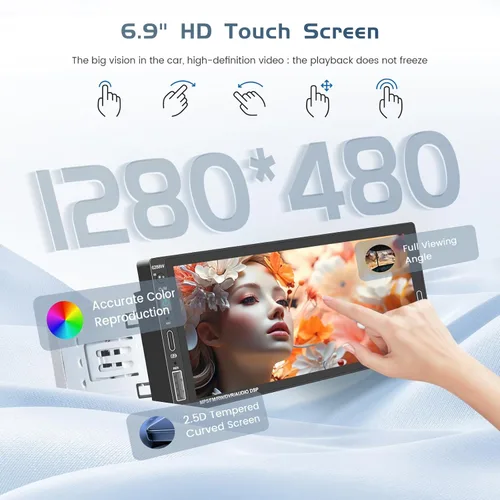 Vista 3 de Radio de coche de un solo DIN estéreo con Apple Carplay Android Auto, pantalla táctil HD de 6.9 pulgadas, receptor Bluetooth, enlace de espejo