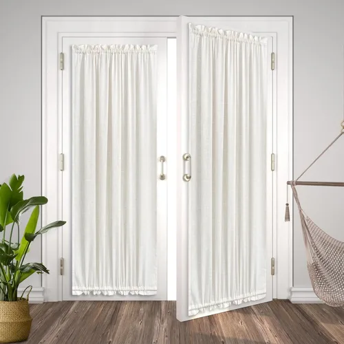 Vista 4 de KOUFALL Juego de 2 cortinas de puerta francesa, cortinas de lino para puerta/ventana, cortina transparente boho para cristal lateral delantero