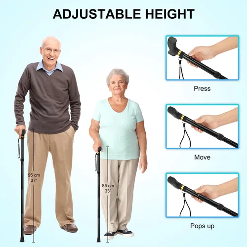 Vista 3 de supregear Bastón Plegable, Bastón de Caminar Ligero Ajustable de 5 Niveles con Correa para la Muñeca y Mango en T, Ayuda de Movilidad Portátil