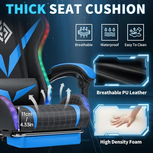 Vista 7 de Silla RGB para videojuegos con masaje y luces LED, ergonómicas, con reposapiés, respaldo alto, silla reclinable para computadora con soporte lumbar