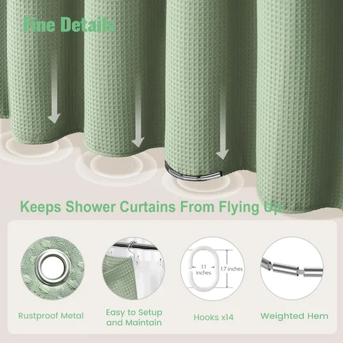 Vista 661 de Cortina de ducha de tela Dynamene verde oscuro - Cortinas de baño de tela de nido de abeja texturizadas resistentes, juego de cortinas de baño