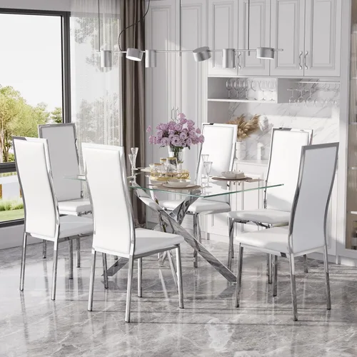 Vista 40 de Juego de mesa de comedor de cristal dorado moderno de 63 pulgadas para 6, juego de mesa de cocina rectangular de 7 piezas con patas de acero Negro