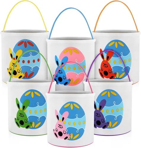 Vista 9 de Honeydak 6 cestas de caza de huevos de Pascua para niños, conejo, de lona, bolsas de cubo (esponjosas)