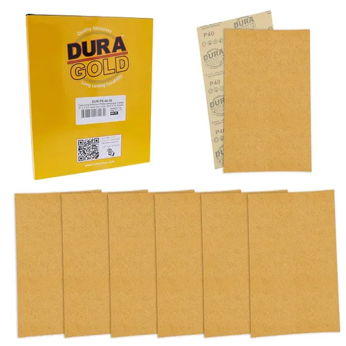 Dura-Gold Premium - Hojas de papel de lija dorado de 12.7 x 7 cm, grano 40 (Caja de 30) - Respaldo de gancho y bucle, para muebles de madera,