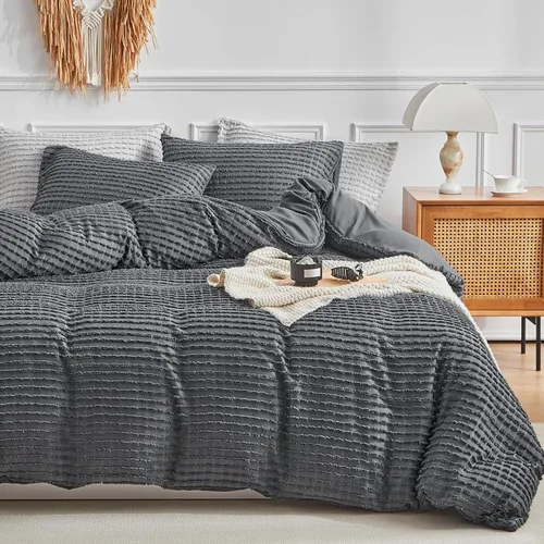 WARMDERN Juego de funda de edredón Boho tamaño Queen, juego de funda de edredón a rayas de microfibra color gris oscuro, juego de 3 piezas con