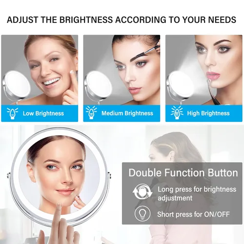 Vista 5 de Espejo de maquillaje iluminado de 8 pulgadas, espejo de maquillaje 10X con luces, espejo de aumento regulable de doble cara con luz, recargable