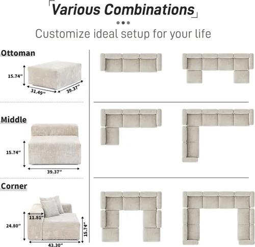 Vista 2 de WJShome Cloud Couch Sofá Seccional Modular, Sofá en Forma de L de 102 pulgadas con Otomana, Sofá de Pana Beige de 3 Asientos, Sofá Seccional