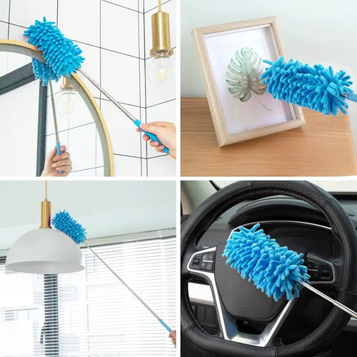 Vista 4 de Plumero de microfibra para limpieza, Tukuos plumeros lavables a mano con 2 piezas de cabezal de microfibra reemplazable, poste extensible, cepillo
