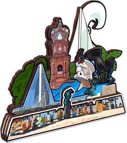 Vista 2 de Imán para nevera de Puerto Vallarta México Colección de Madera 3D Madera Hecho a Mano Recuerdos de Ciudad de Viaje Imán para Refrigerador Decoración