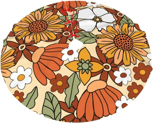 Vista 3 de 70s Retro Floral Flower Christmas Tree Skirt 30" Christmas Decorations Christmas Tree Skirts Christmas Tree Decorations Indoor Soft Xmas Tree Skirt