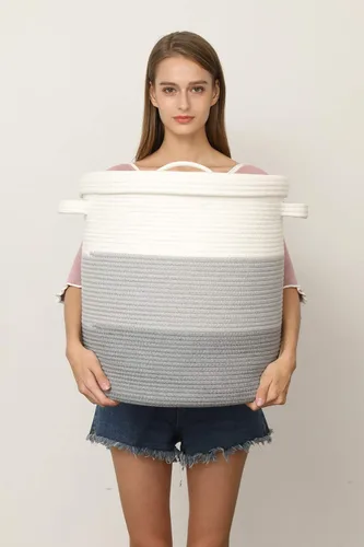 Vista 2 de Cesta de almacenamiento extra grande de 16 x 16 x 18 pulgadas con tapa, cestas de almacenamiento de cuerda de algodón, canasta de lavandería