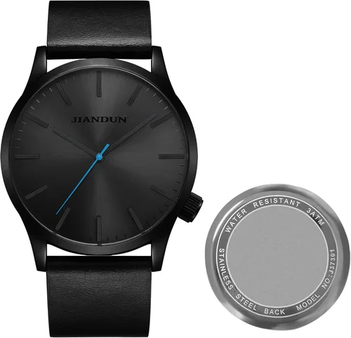 Mens Black Watches Minimalist Waterproof-Fashion Wrist Watch for Men Unisex Dress with Leather Band