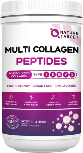 NATURE TARGET Polvo de Péptidos de Colágeno Múltiple - Tipo I, II, III, V, X - Péptidos de Colágeno Hidrolizado con Vitamina C y Ácido Hialurónico,