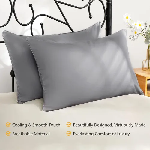 Vista 2 de Juego de 2 fundas de almohada de algodón gris con cremallera oculta, fundas de almohada ultra suaves con ribetes para un fácil cuidado, 600 hilos