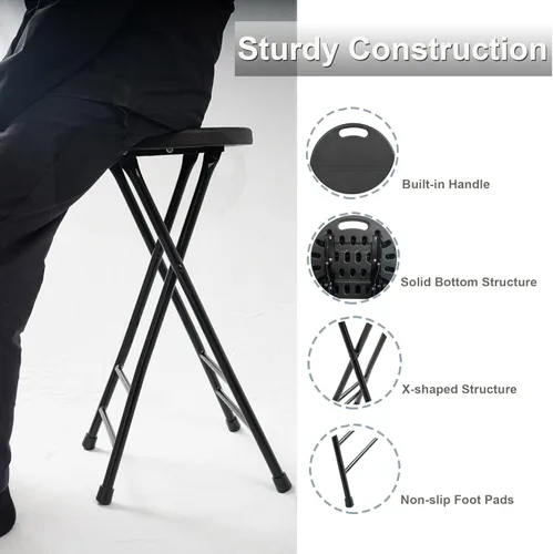 Vista 3 de Taburete plegable de 24 pulgadas con asa, taburete de bar plegable con pies antideslizantes, silla plegable, taburete plegable para interiores