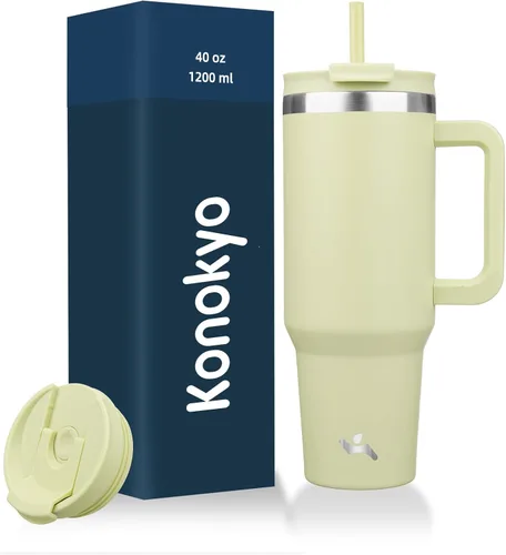 Vista 11 de Konokyo Vaso de 30 onzas con asa y 2 popotes, botella de agua aislada con tapa 2 en 1, taza de café de viaje de acero inoxidable, verde militar