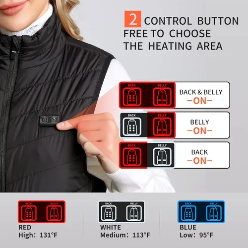 Vista 2 de QTREE intelligence Chaleco térmico para mujer con 2 unidades de batería de 10000 mAh, control de 2 botones, recargable, 8 zonas, chaleco