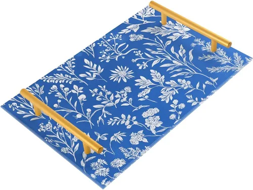 Vintage Flowers Rustic Blue Decorative Tray with Handles with Handles Bed Serving Tray for Jewelry Perfume for Tea Trays Serving Tabla para el