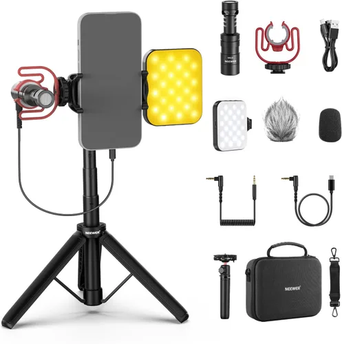 Vista 15 de NEEWER PA992 - Trípode para selfie stick de 57.9 pulgadas compatible con iPhone Samsung Android, soporte de metal portátil ligero para teléfono