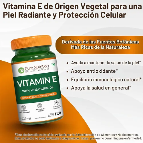 Vista 4 de Pure Nutrition Vitamina E con aceite de germen de trigo, 1020 mg 120 cápsulas Fuente natural de vitamina E Suplemento para el cabello