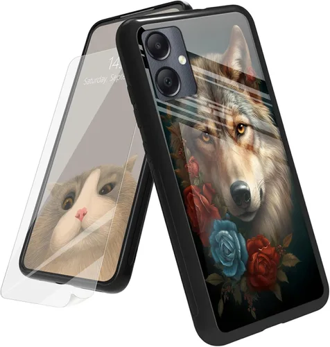 Vista 78 de Funda para Samsung Galaxy A12 5G con protector de pantalla, parte trasera de vidrio templado + TPU de silicona suave que absorbe los golpes