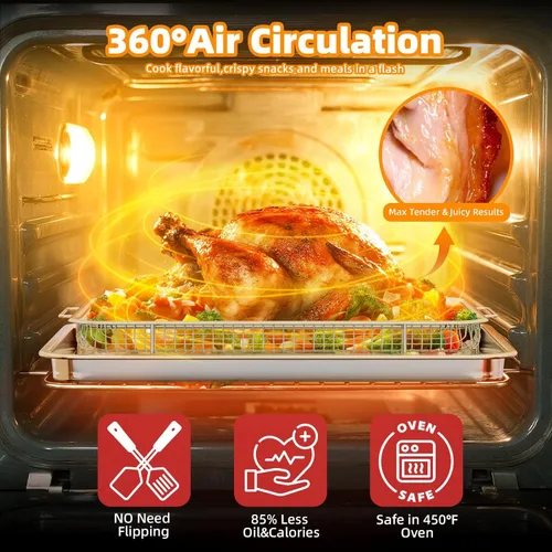 Vista 4 de Cesta de freidora de aire para horno, 2 juegos de bandeja y sartén de freidora de aire con 60 piezas de papel pergamino, sartén de freidora de aire