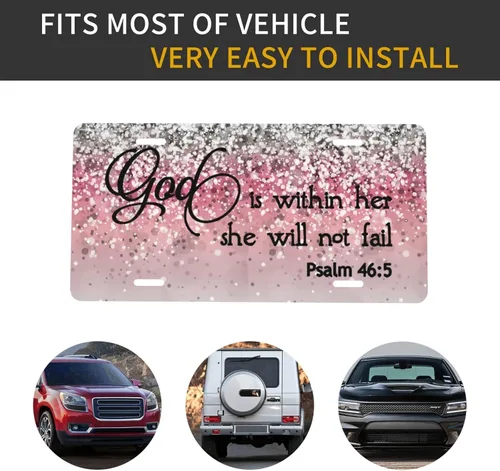 Vista 4 de Placa de matrícula delantera personalizada de aluminio con versículo bíblico Salmo 46:5 "Dios está en ella, no fallará" con destellos rosa