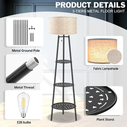 Vista 8 de 2 lámparas de pie negras con estantes para sala de estar, lámpara de pie, lámpara alta, Amparas elegantes para sala con pantalla de lino, lámpara