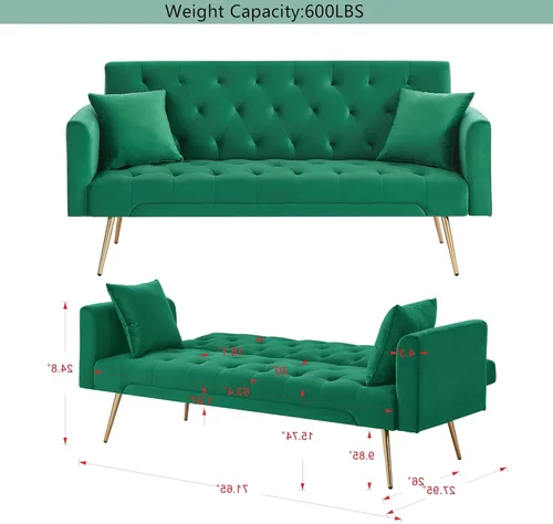 Vista 10 de Sofá cama moderno de terciopelo de 72 pulgadas, sofá cama plegable convertible con 3 respaldos ajustables, sofá biplaza reclinable copetudo