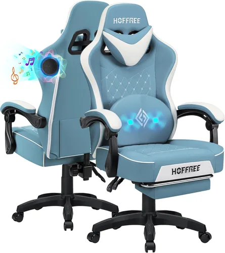 Vista 10 de HOFFREE Silla Gaming Silla de Computadora con Altavoces Sillas de Juegos de Masaje con Reposapiés Bluetooth Respaldo Alto Ergonómicas Sillas Gaming