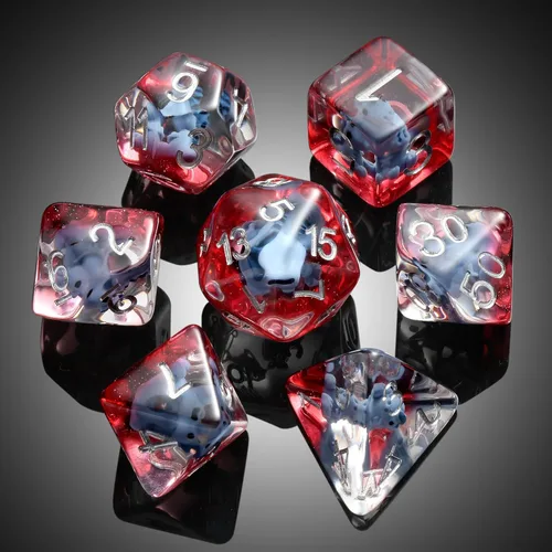 Vista 6 de DNDND Juego de 7 dados DND con temática de dinosaurio bebé, dados poliédricos de resina con números de Sivler para Pathfinder de Calabozos
