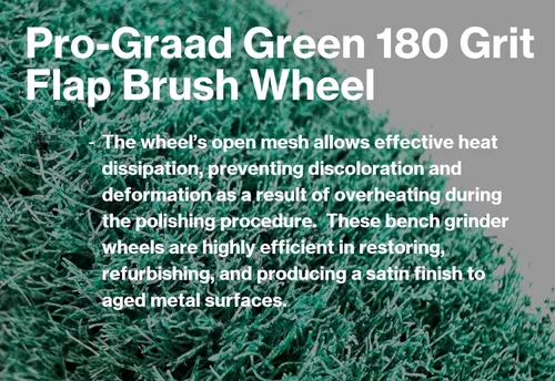 Vista 5 de Rueda de cepillo de aletas no tejida verde de 6" x 1" de grano 180 para amoladora de banco, pulido, bruñido, acabado satinado para aluminio, cobre